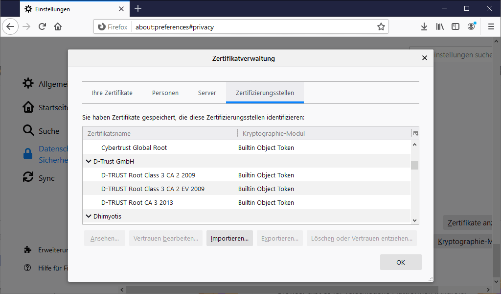 Mozilla Firefox - Wahl des Zertifikatsspeichers