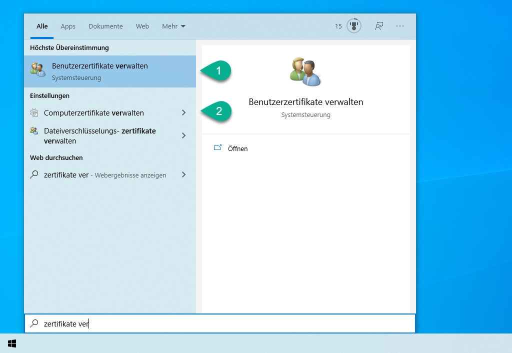 Windows 10 - Starten der Zertfifikatsverwaltung